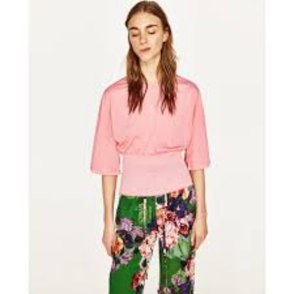 NEW ZARA Pink Smocked Waist Bell Sleeves M